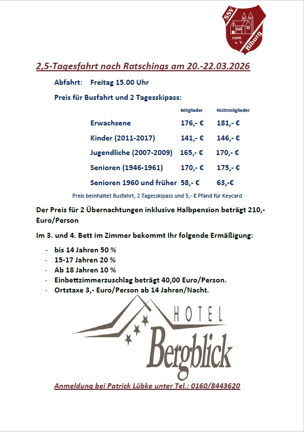 SSV Biburg: 2,5-Tagesfahrt nach Ratschings am 20.-22.03.2026